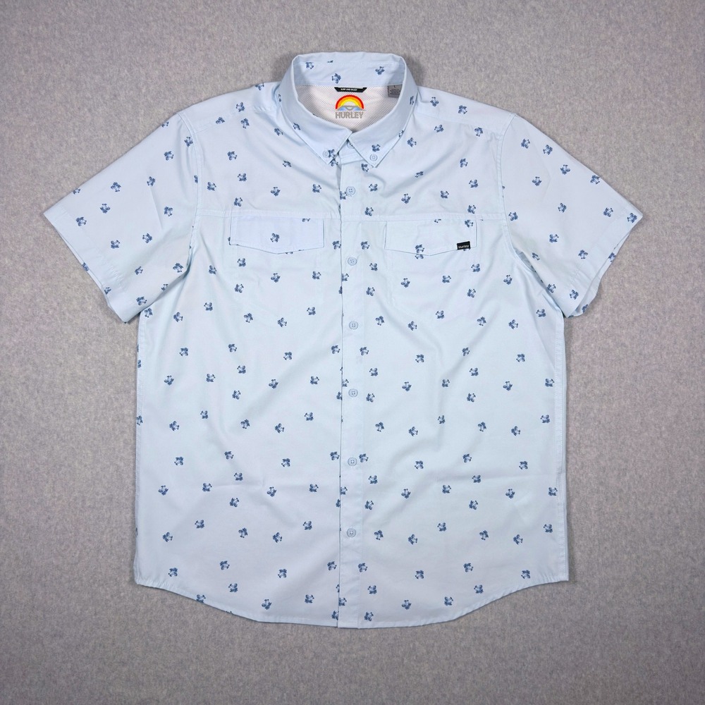 Hurley Mens Floral Printed Utility Button Down Shirt‎ Light Blue Palm Tree L